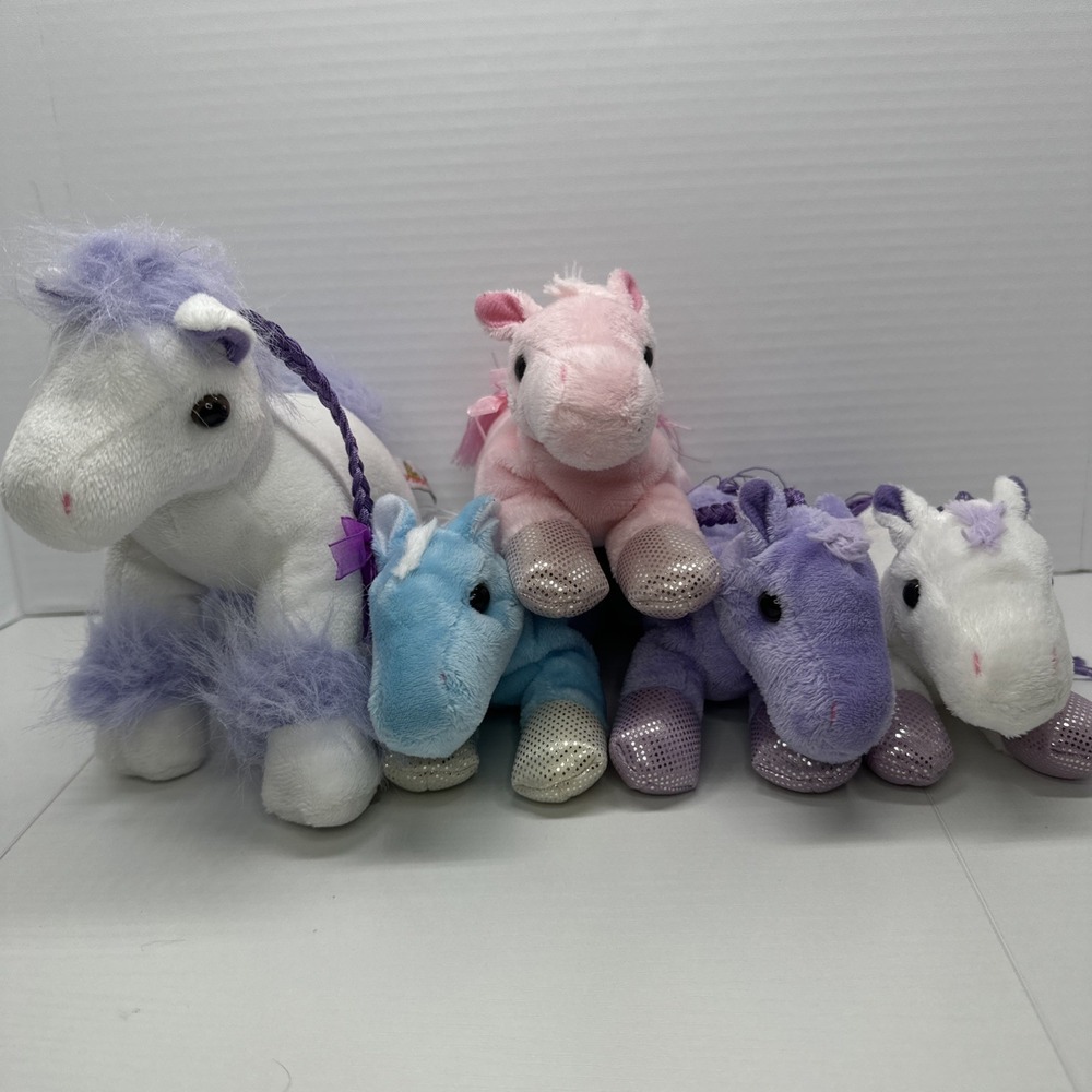 Unipak Lot Of 5 Pony Horses With Braided Manes - Pink, Purple, Blue & White